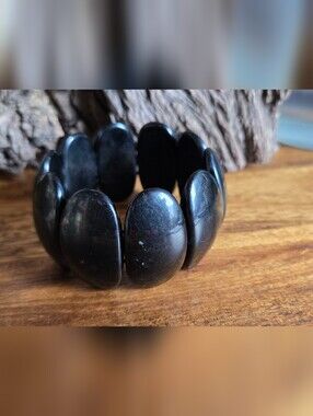Vintage Black Plastic Stretch Bracelet | Oval Link Statement Bangle